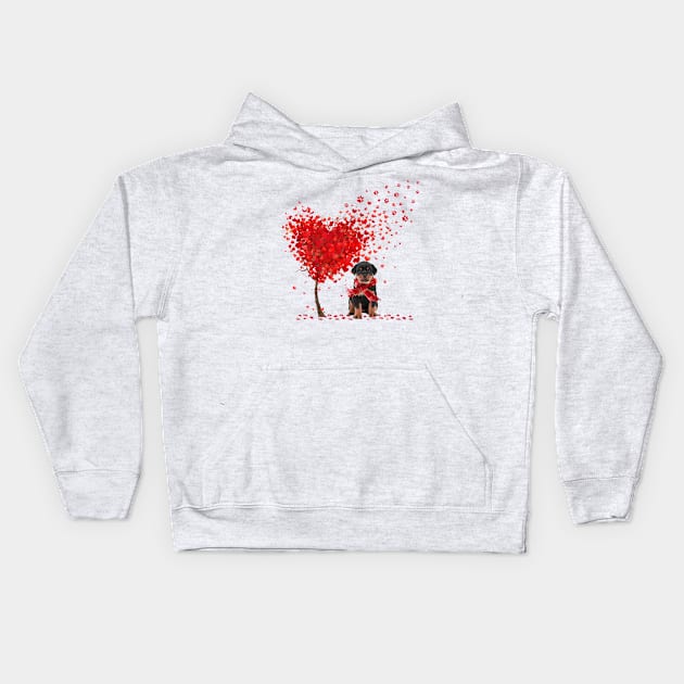 Happy Valentine's Day Heart Tree Rottweiler Kids Hoodie by cyberpunk art